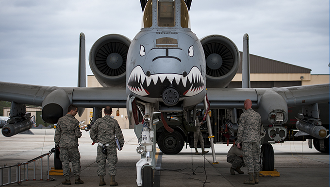 Airmen from a Wing Inspection Team, left, and Tech. Sgt. Chase Williams, 23d Maintenance Group Quality Assurance inspector, examine an A-10C Thunderbolt II, March 23, 2017, at Moody Air Force Base, Ga. Two WITs visited Moody in order to assess the 23d Maintenance Group’s QA section. During their visit, the WIT inspected nearly 30 different QA programs, with an added focus on corrosion control. (U.S. Air Force photo by Airman 1st Class Lauren M. Sprunk)